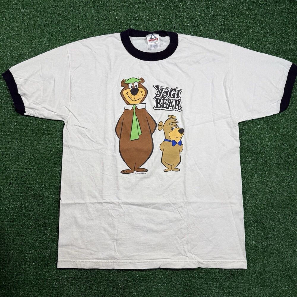 Vintage Y2K Yogi Bear Ringer T Shirt Mens XL White Cartoon Animation Tee